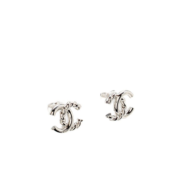 Chanel CC Logo Earrings Silver tone