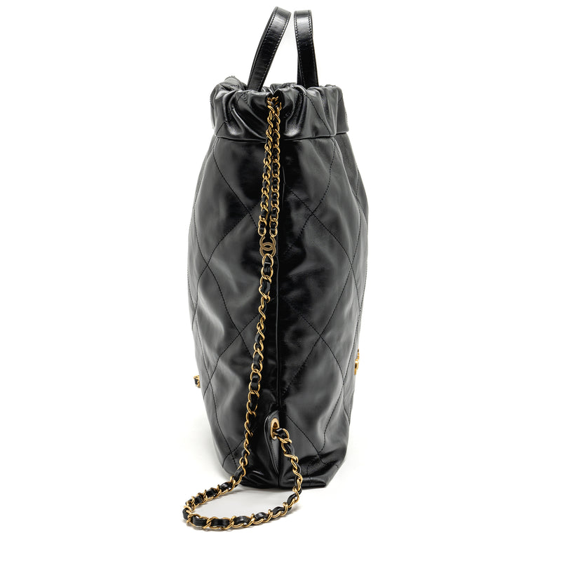 Chanel 22 Backpack Gold Letter Logo Shiny Calfskin Black GHW(microchip)