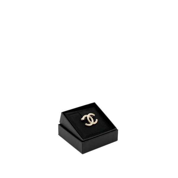 Chanel CC Logo Brooch Crystal Light Gold Tone
