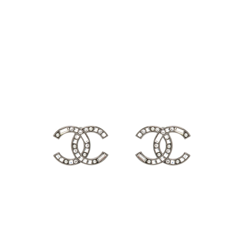 Chanel CC Earrings Crystal/Pearl Silver Tone