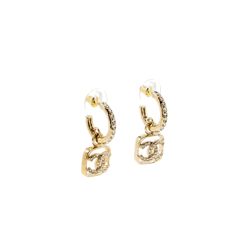 Chanel Square CC Logo Dropped Earrings Crystal Light Gold Tone