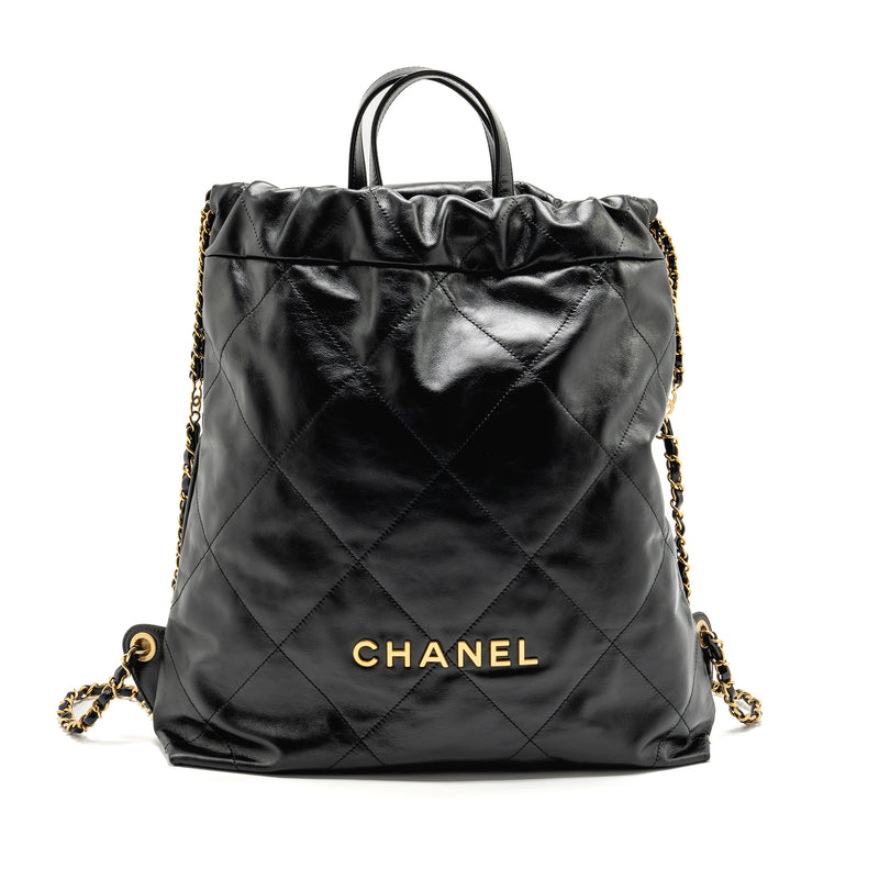 Chanel 22 Backpack Gold Letter Logo Shiny Calfskin Black GHW(microchip)