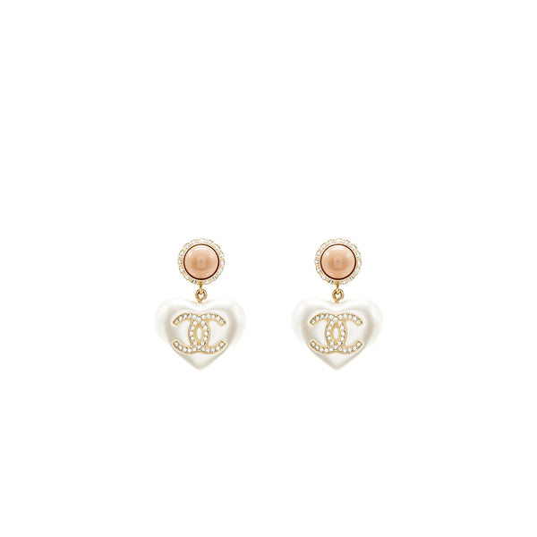 Chanel giant cc logo heart earrings crystal/pearl light gold tone