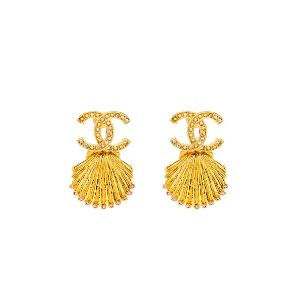 Chanel CC Shell Earrings Crystal Multicolour Gold Tone