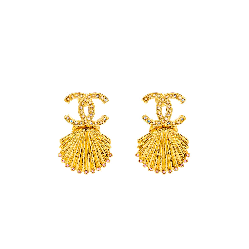 Chanel CC Shell Earrings Crystal Multicolour Gold Tone