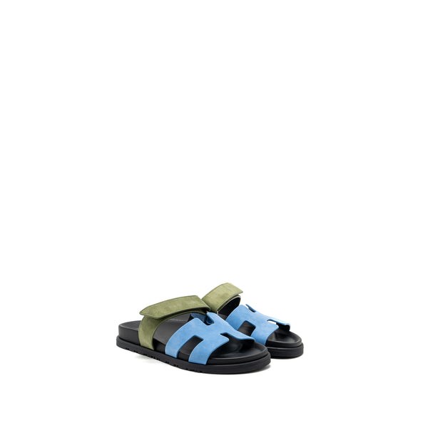 HERMES Size 37 chypre sandals chèvre velours bleu cameo / vert celadon