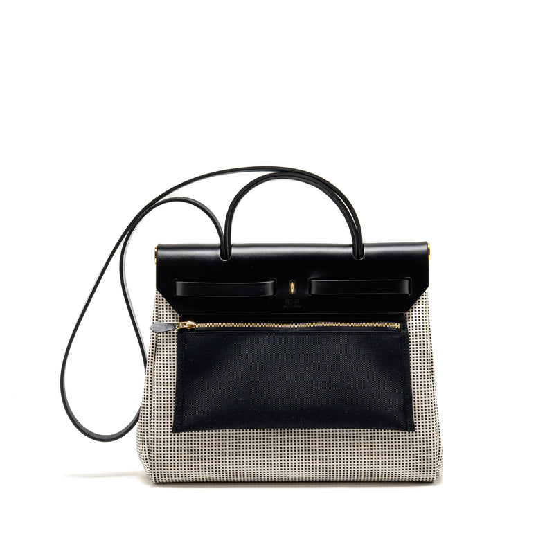 Hermes Herbag 31 Zip Bag Quadrille Viking Canvas/Hunter Leather Ecru-Blanc/Black GHW Stamp B