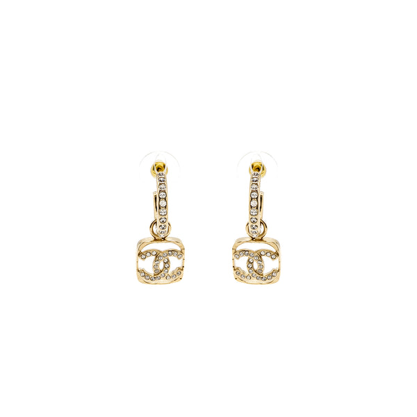 Chanel Square CC Logo Dropped Earrings Crystal Light Gold Tone