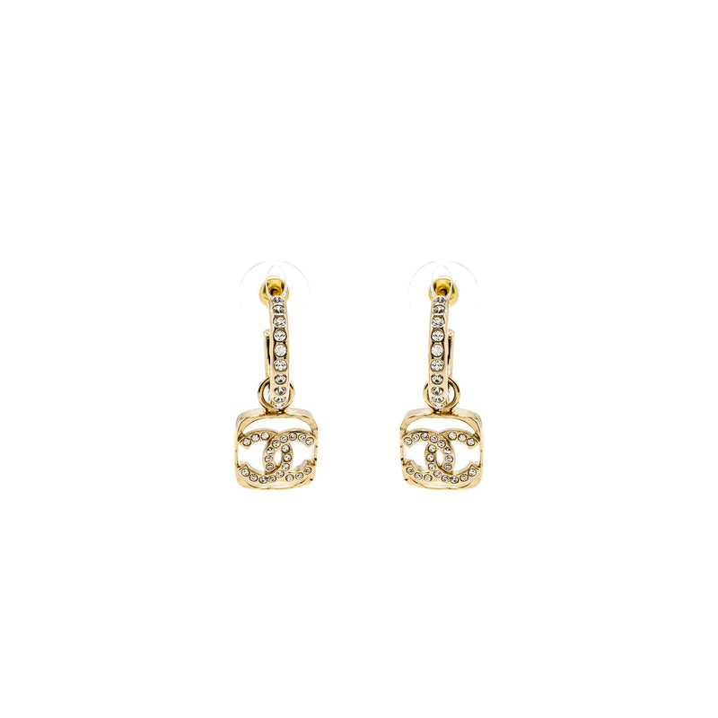 Chanel Square CC Logo Dropped Earrings Crystal Light Gold Tone