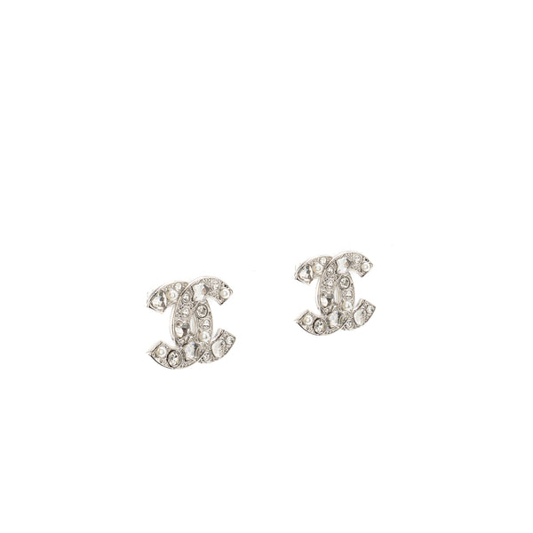 Chanel CC Logo Star Crystal/Pearl Earrings Silver Tone