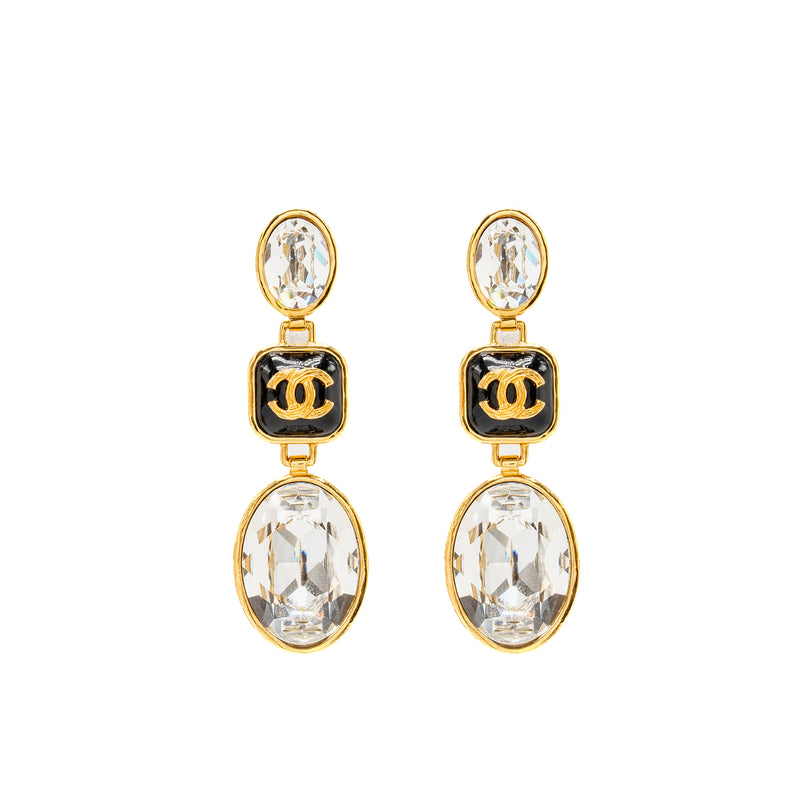 Chanel CC Charm and Crystal Drop Earrings Gold Tone