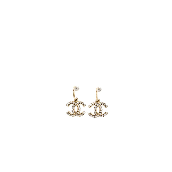 Chanel CC logo drop crystal earrings light gold tone