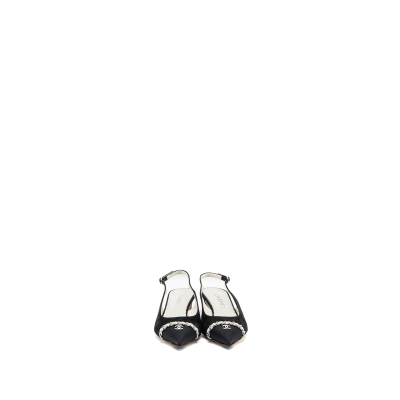 CHANEL SIZE 36 SLINGS SHOES Suede Calfskin/ Grosgrain Metal Black and Light Grey