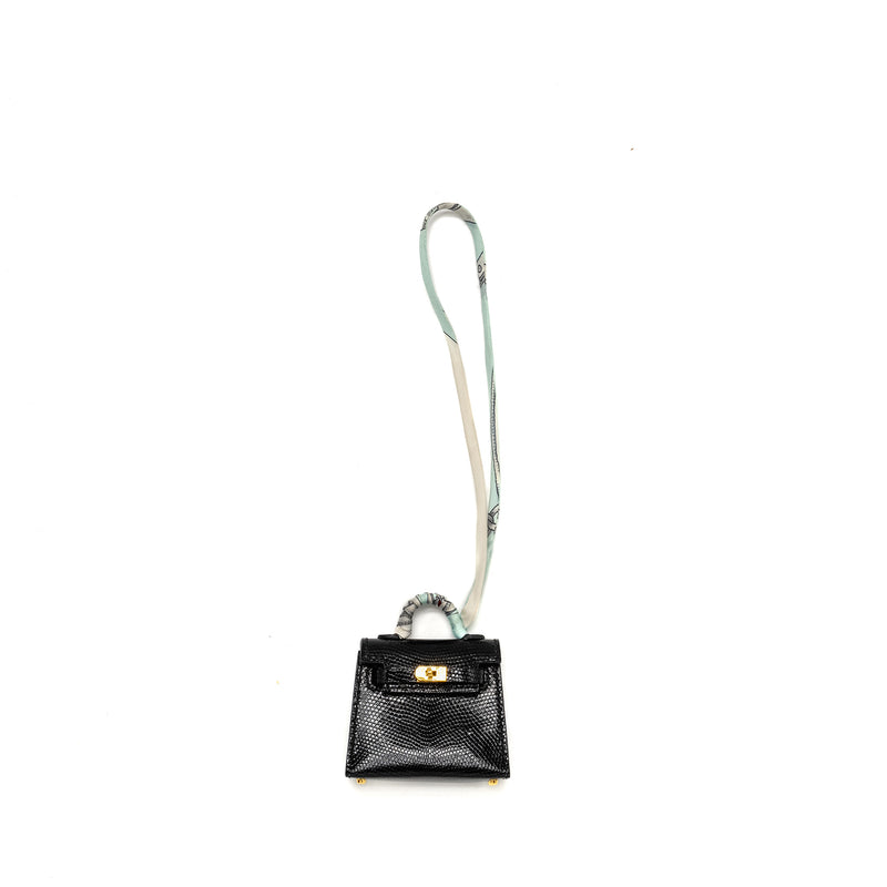 Hermes Kelly Twilly Bag Charm Lizard Black GHW Stamp Y