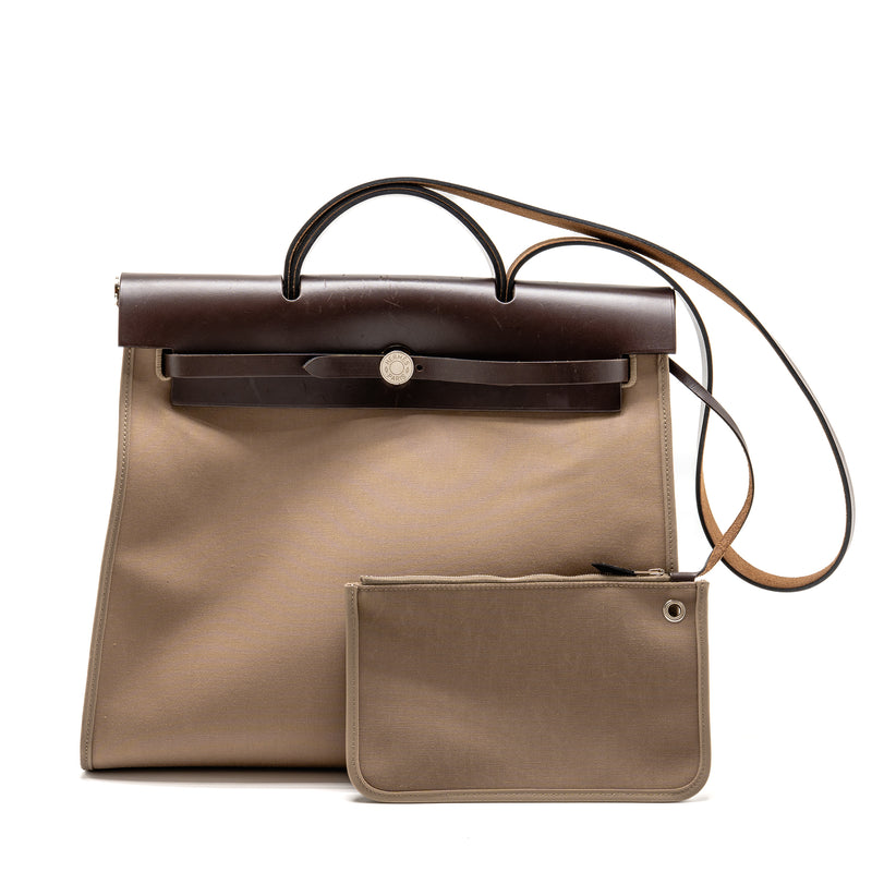 Hermes Herbag Zip 39 Canvas/Hunter Leather Etoupe/Ebene SHW Stamp X