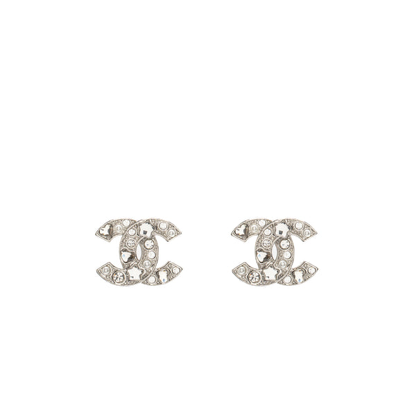 Chanel CC Logo Star Crystal/Pearl Earrings Silver Tone