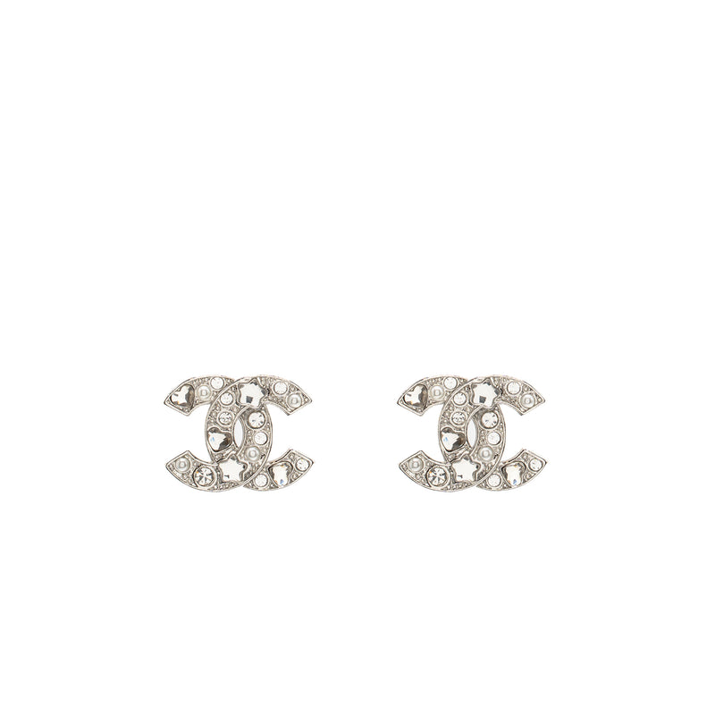 Chanel CC Logo Star Crystal/Pearl Earrings Silver Tone