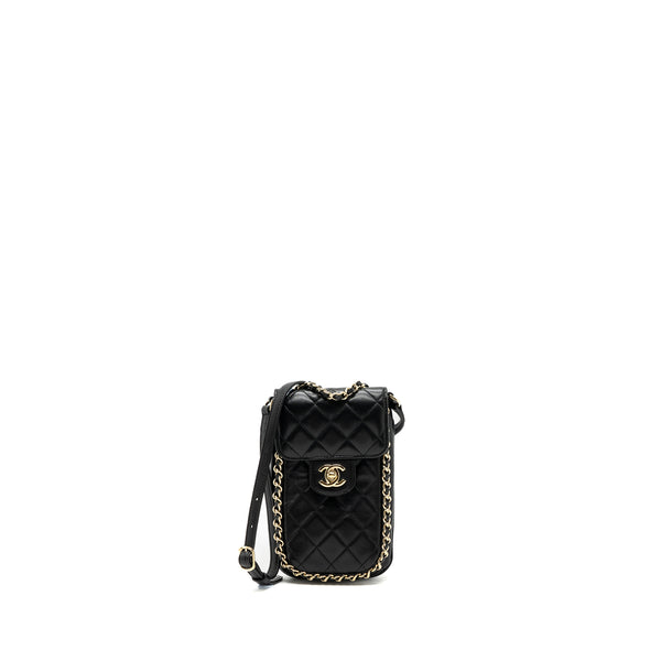 Chanel Phone Holder With Chain Lambskin Black LGHW