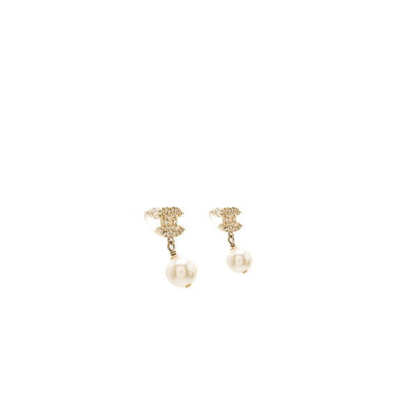 Chanel small model cc logo with pearl drop earrings light gold tone