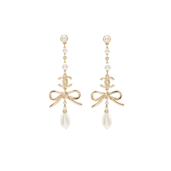 Chanel pearl / cc logo / bow tie drop earrings gold tone