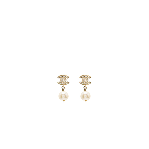 Chanel small model cc logo with pearl drop earrings light gold tone