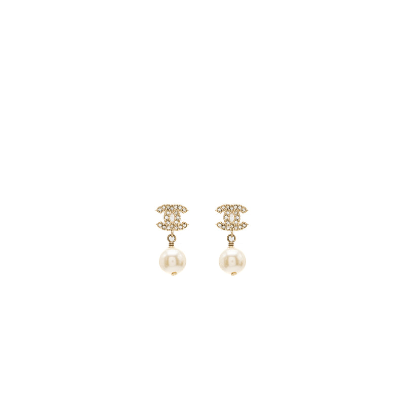 Chanel small model cc logo with pearl drop earrings light gold tone