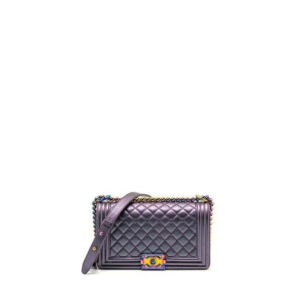 Chanel Medium Boy Bag GoatSkin Iridescent Purple Multicolour Hardware