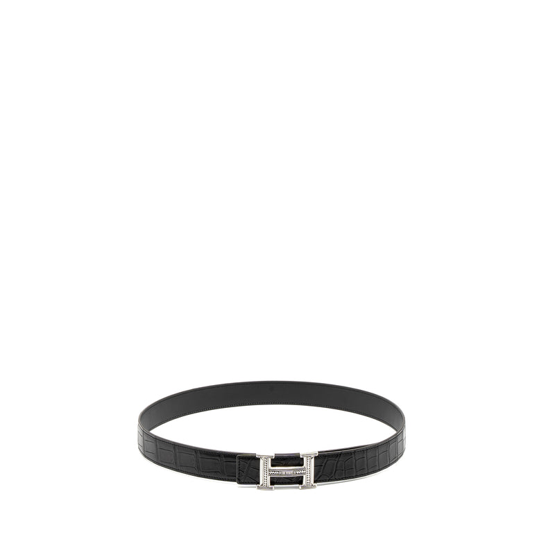 Hermes Size 90 H Buckle Belt Alligator Miss Matte Black SHW Stamp U