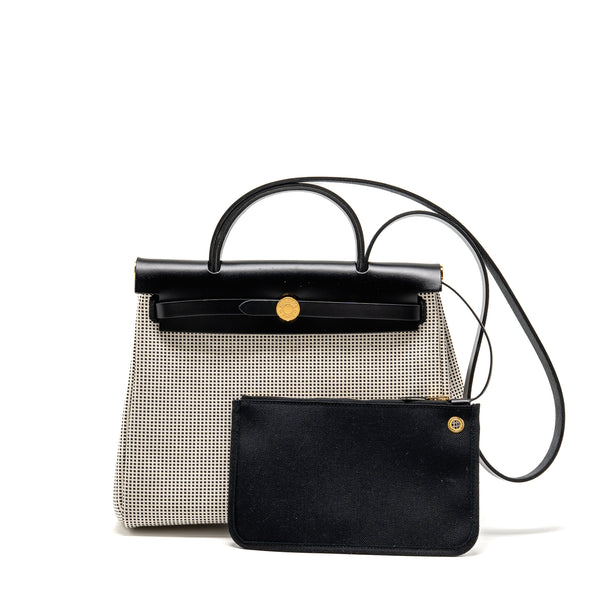 Hermes Herbag 31 Zip Bag Quadrille Viking Canvas/Hunter Leather Ecru-Blanc/Black GHW Stamp B