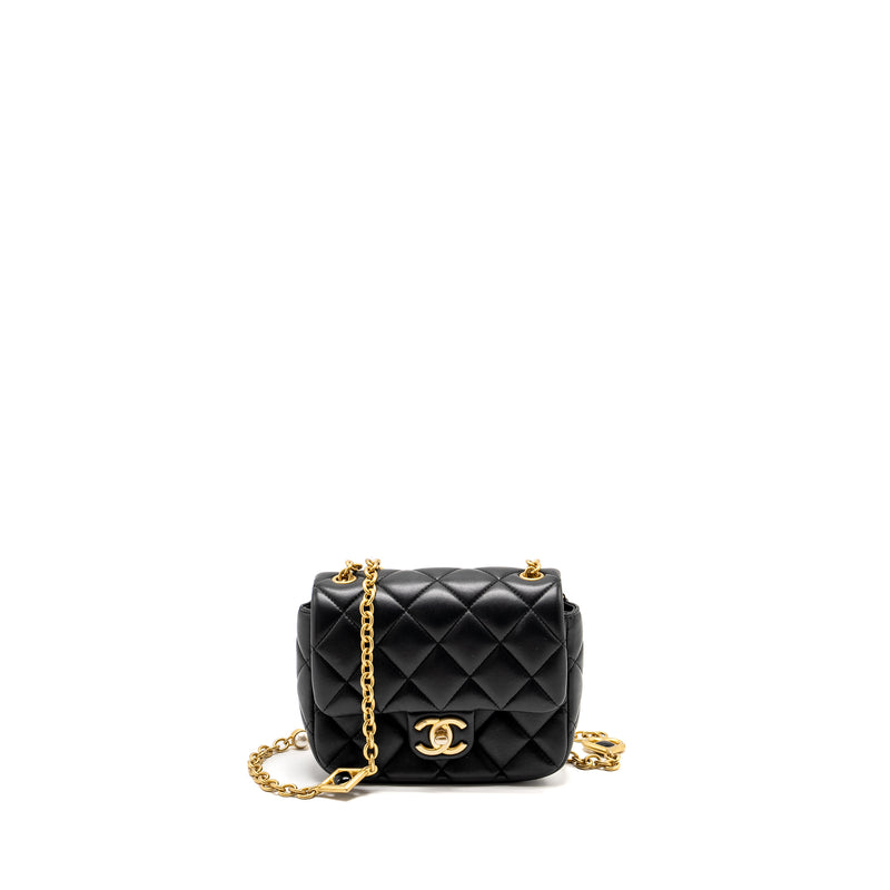 Chanel Quilted Flap Bag with Heart Charm Chain Lambskin Black GHW (Microchip)