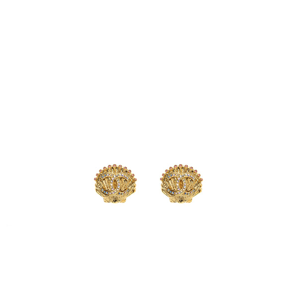 Chanel cc logo shell earrings multicolour crystal gold tone