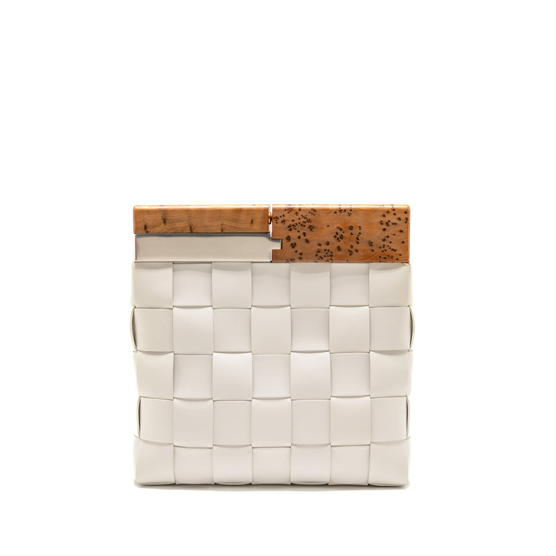 Bottega Veneta Cream Snap Clutch Bag Calfskin/Wood White Multicolour Hardware