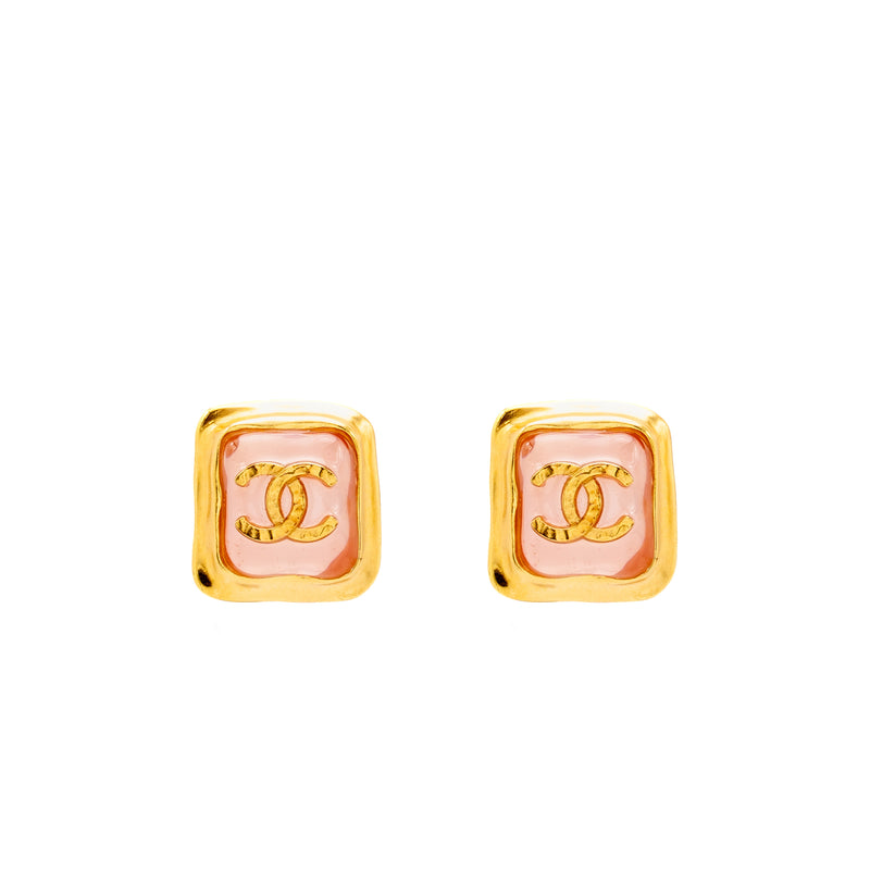 Chanel Pink Resin Square CC Earrings Gold Tone
