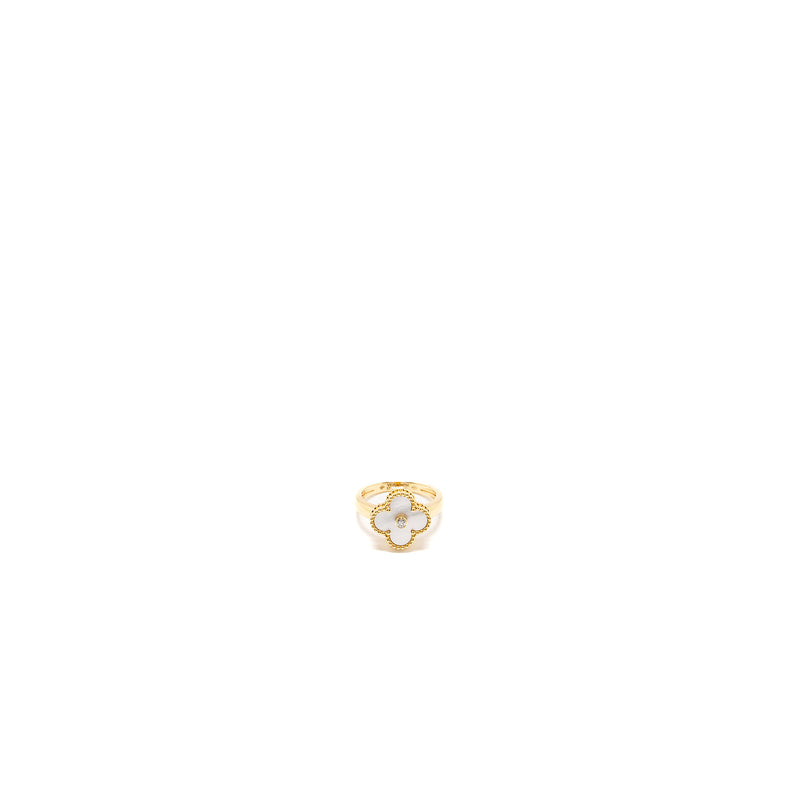 Van Cleef & Arpels Size 57 Vintage Alhambra Ring, 18K Yellow Gold/White mother of pearl/Diamond