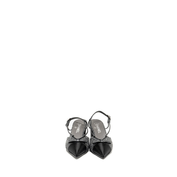 Chanel Size 37.5 Cap Toe CC Slingback Pumps Tweed Grey/Black