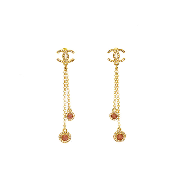 Chanel Dropped Earrings CC Logo Crystal Gold Tone