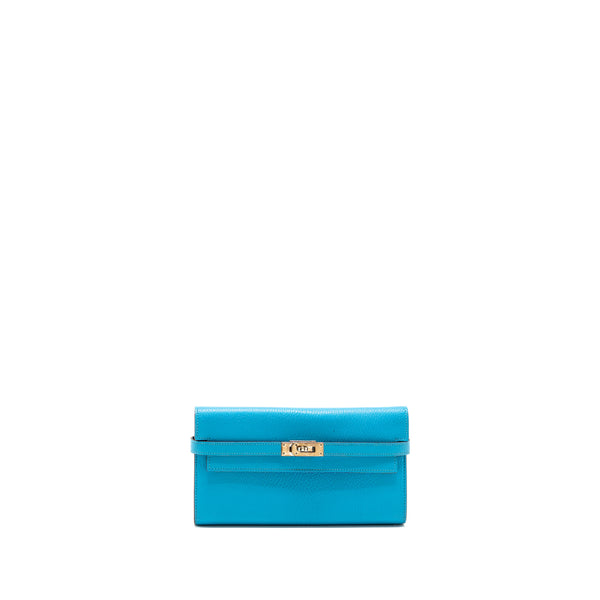 Hermes Kelly Long wallet chevre mysore leather blue azteque SHW stamp X