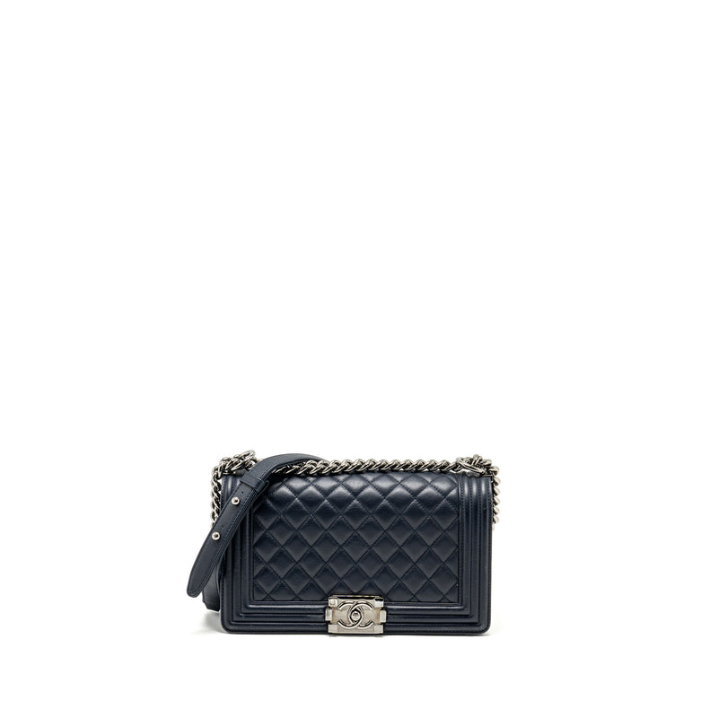 CHANEL Medium Boy Bag Calfskin Navy SHW