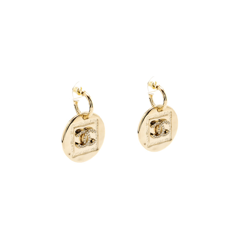 Chanel giant round and cc logo drop earrings light gold tone