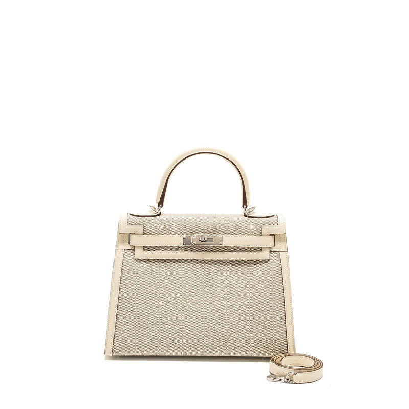 Hermes Kelly 28 Sellier Toile H/Swift Ecru-Amande/Nata SHW Stamp Z