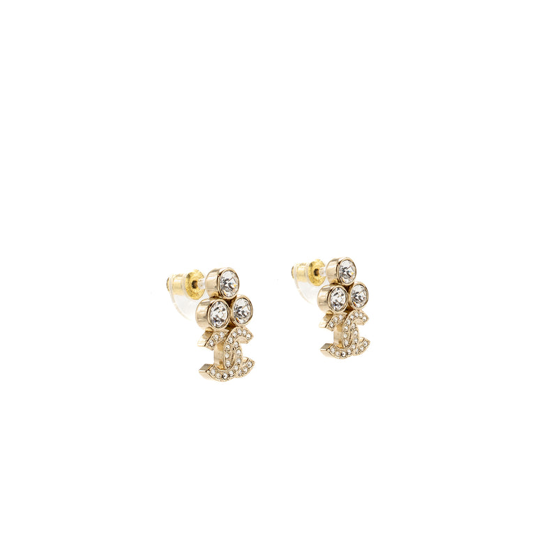 Chanel Crystal and CC Logo Drop Earrings Light Gold Tone