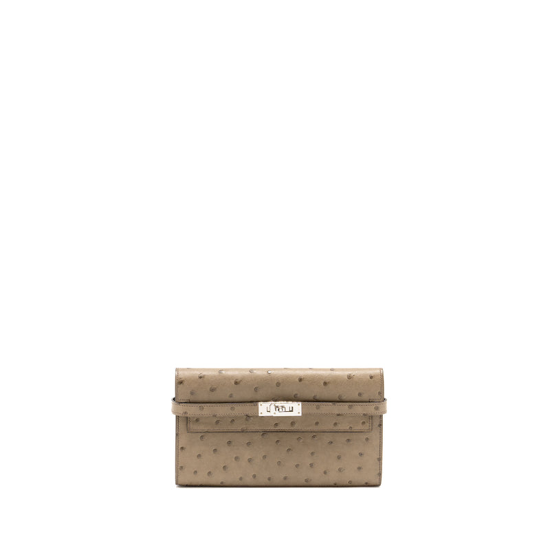 Hermes Kelly Long Wallet Ostrich Gris Tourterelle SHW Stamp T