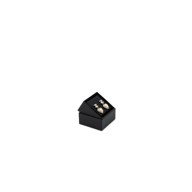 Chanel Heart Dropped CC Logo Earring Crystal Light Gold Tone