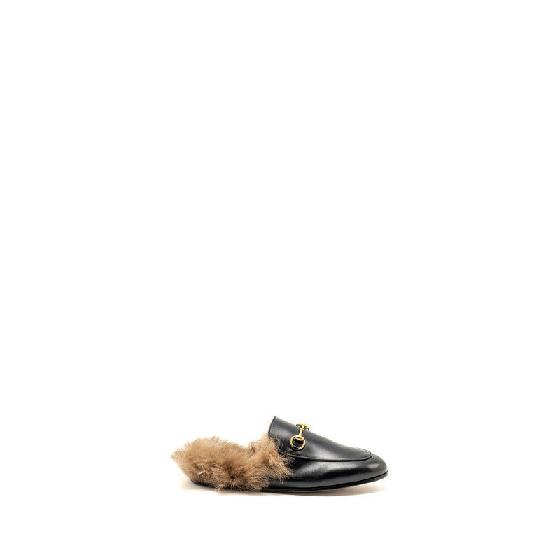 Gucci Size 37 Horsebit Princetown Fur Slipper Leather Black GHW