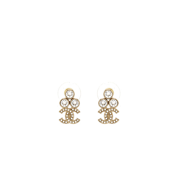 Chanel Crystal and CC Logo Drop Earrings Light Gold Tone