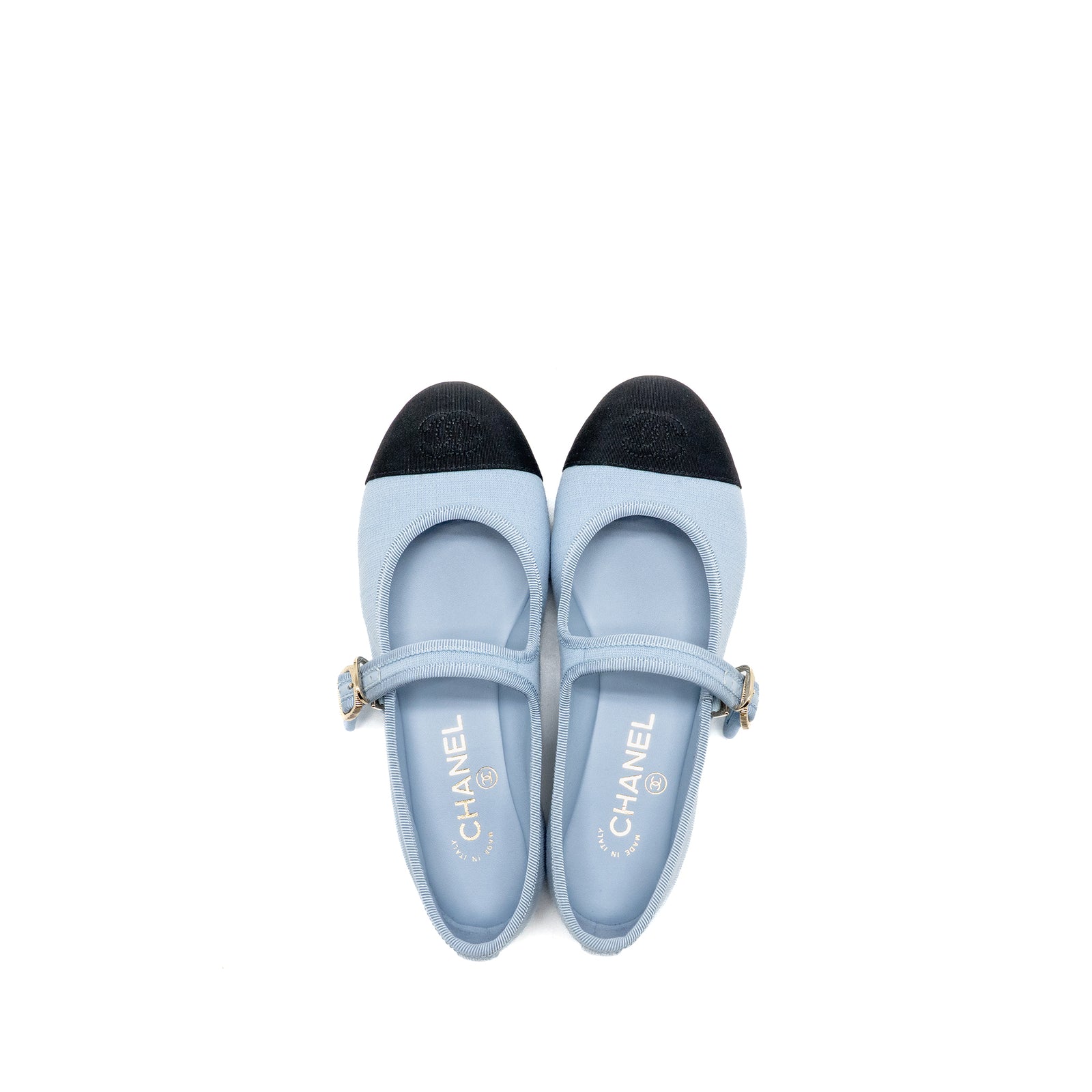 Chanel 25s size 37 Mary Janes flat shoes fabric/leather light blue/bla