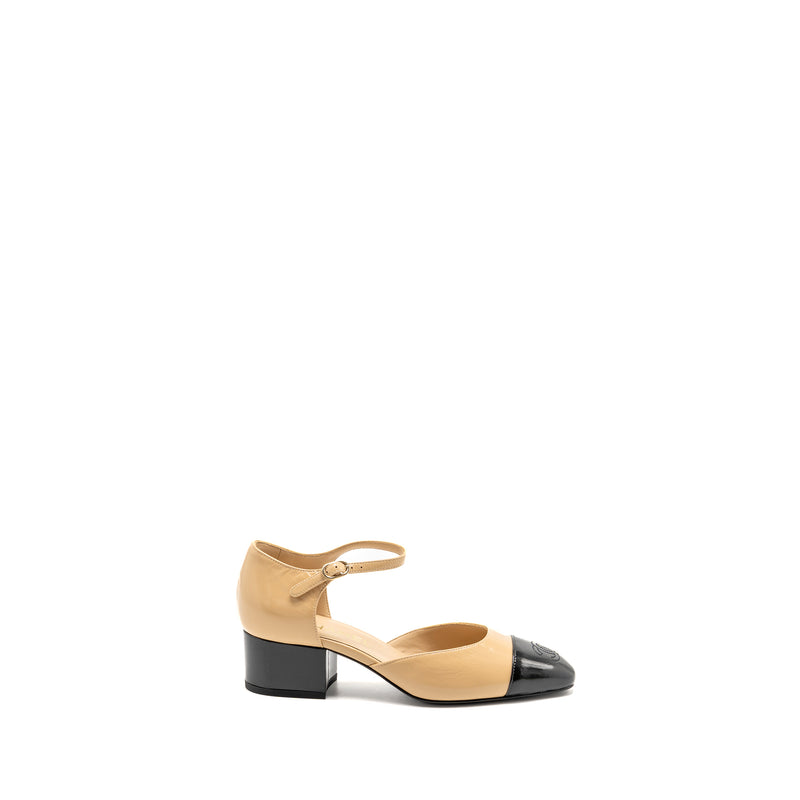 Chanel Size 36 25C Mary Janes Shiny Lambskin Beige/Black LGHW