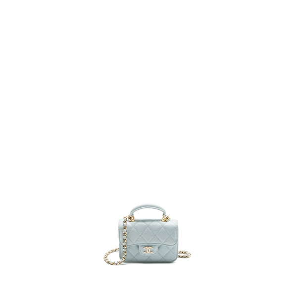 Chanel Top Handle Mini Flap Bag with Chain Lambskin Light Blue LGHW