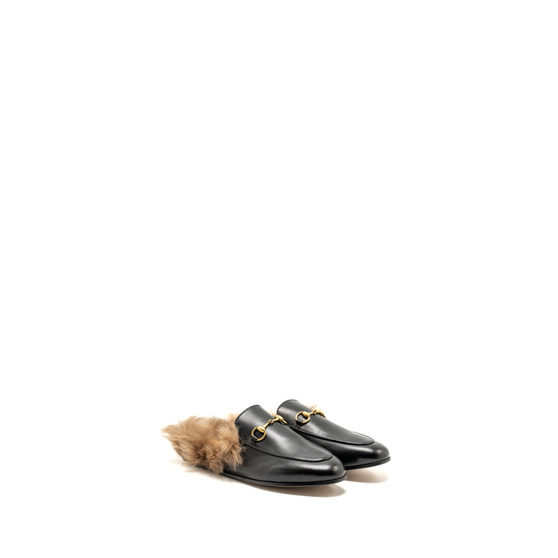 Gucci Size 37 Horsebit Princetown Fur Slipper Leather Black GHW