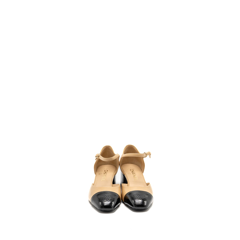 Chanel Size 36 25C Mary Janes Shiny Lambskin Beige/Black LGHW